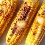 Three ears of grilled corn on the cob with melted butter and black pepper