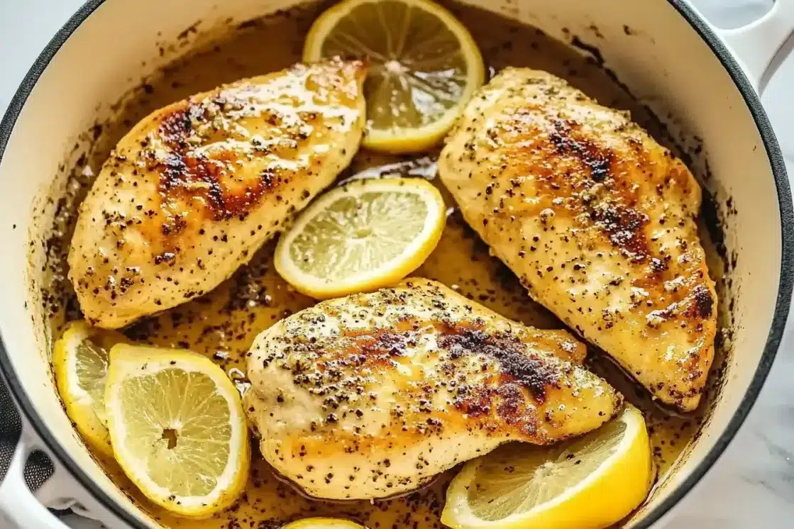 Three chicken breasts cooking in enamel dutch oven with lemon slices and pan juices