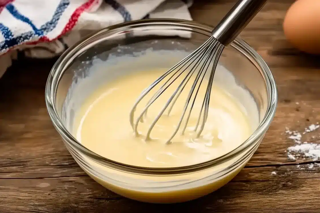 Hand whisking yellow custard base in glass bowl with wire whisk, kitchen towel and egg visible in background