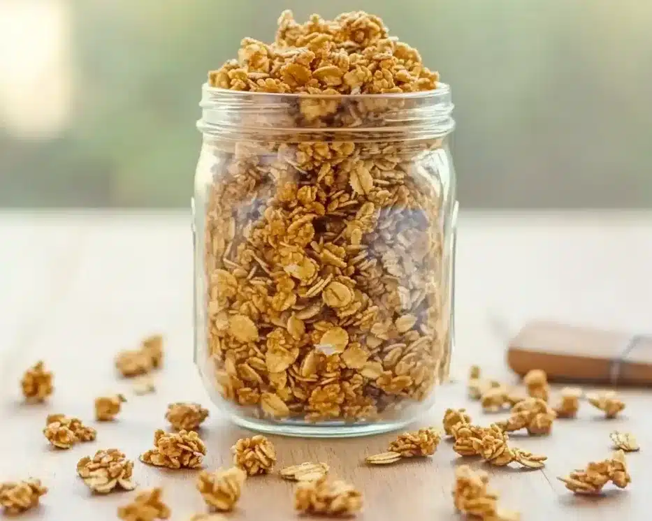 Clear glass mason jar overflowing with golden brown peanut butter granola clusters, scattered pieces on white surface with wooden spoon in background
