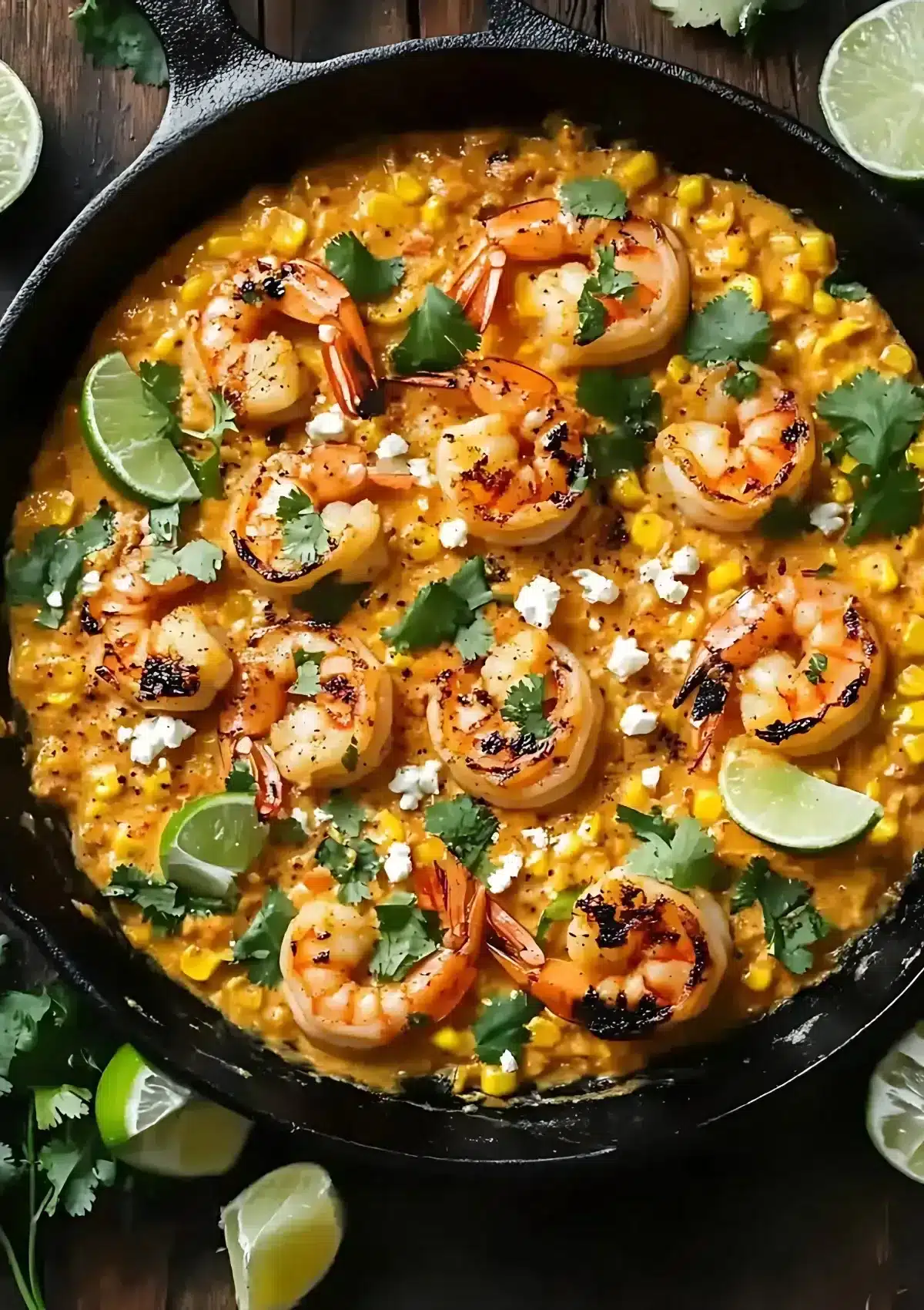Alt Text: Close-up of shrimp and corn in a creamy orange sauce, garnished with crumbled feta cheese and chopped cilantro in a black skillet.

