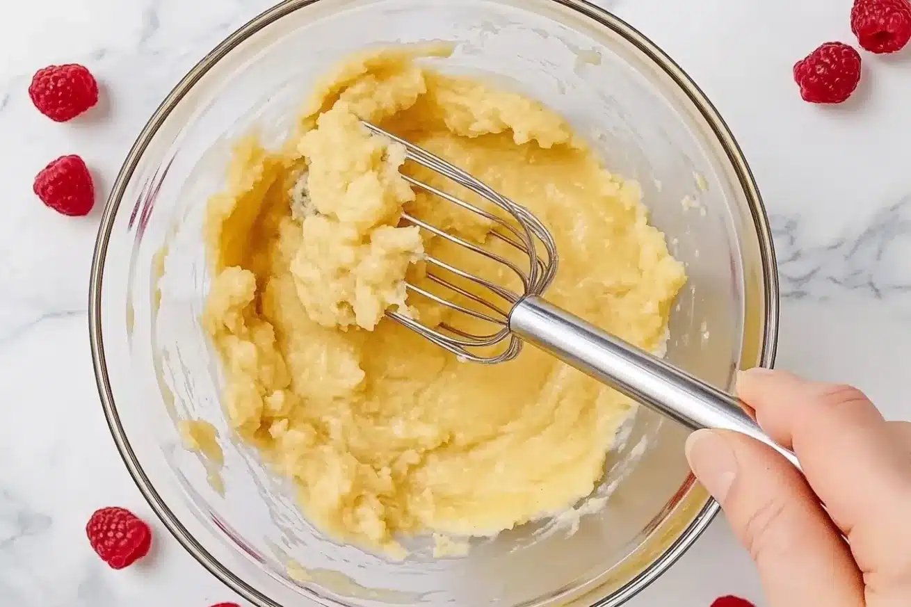Top-down view of thick banana bread batter being stirred with a metal whisk, surrounded by raspberries on a white countertop.