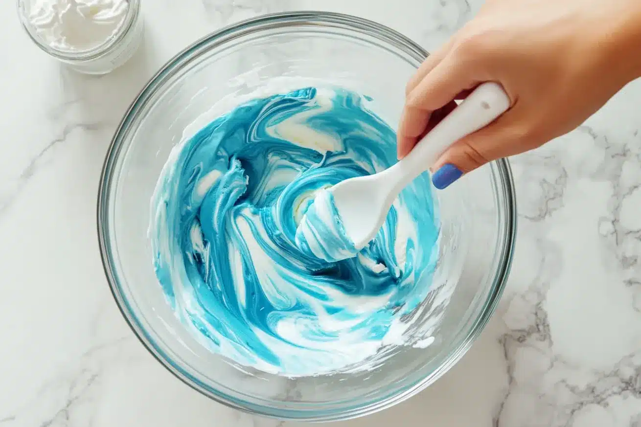 Hand stirring blue food coloring into white whipped cream in a glass bowl creating marbled effect
