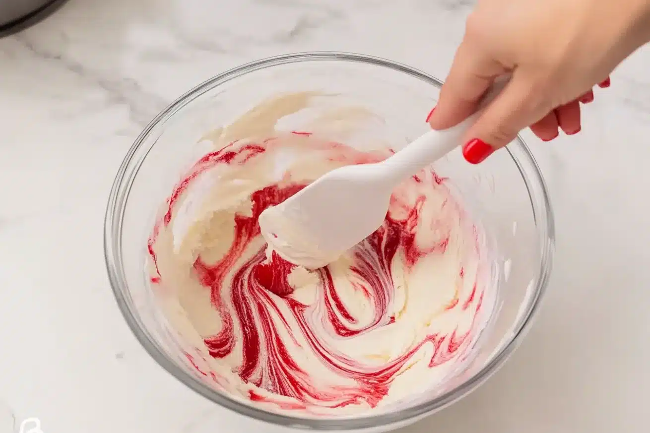 Hand with red manicure mixing red food coloring into white cream creating beautiful swirls