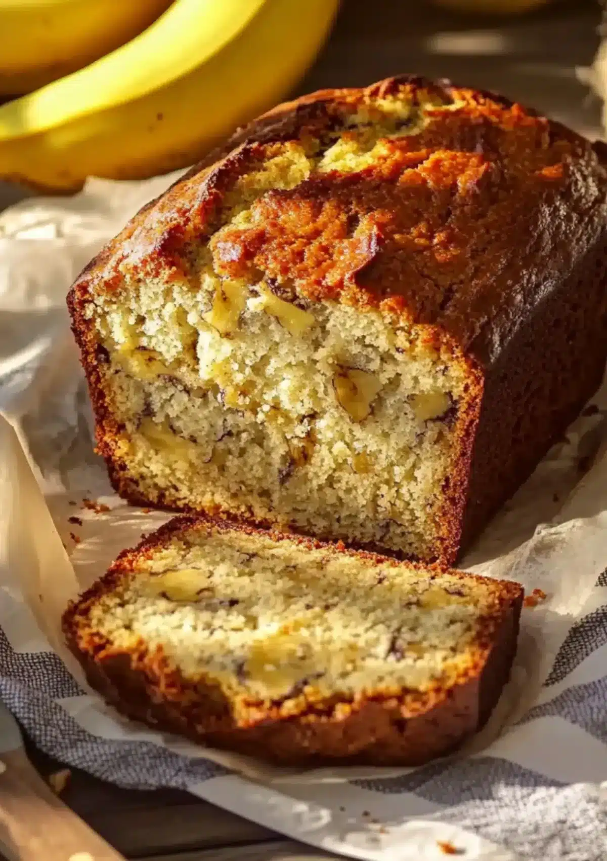 Sliced banana bread with chunks of banana and nuts on a parchment-lined surface