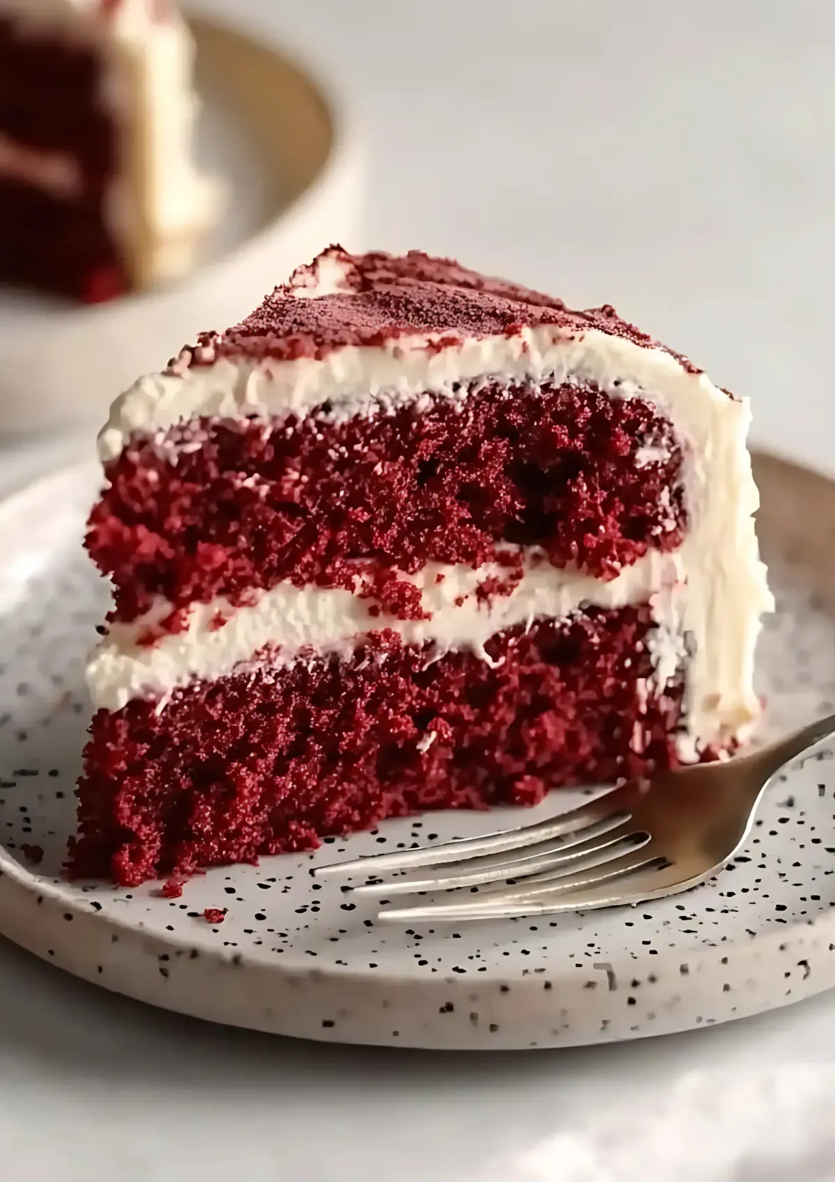 Slice of moist red velvet cake with cream cheese frosting and a fork on a speckled dessert plate