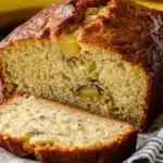 Close-up of a loaf of banana bread with a golden-brown crust and moist interior, sliced on parchment paper with bananas in the background.
