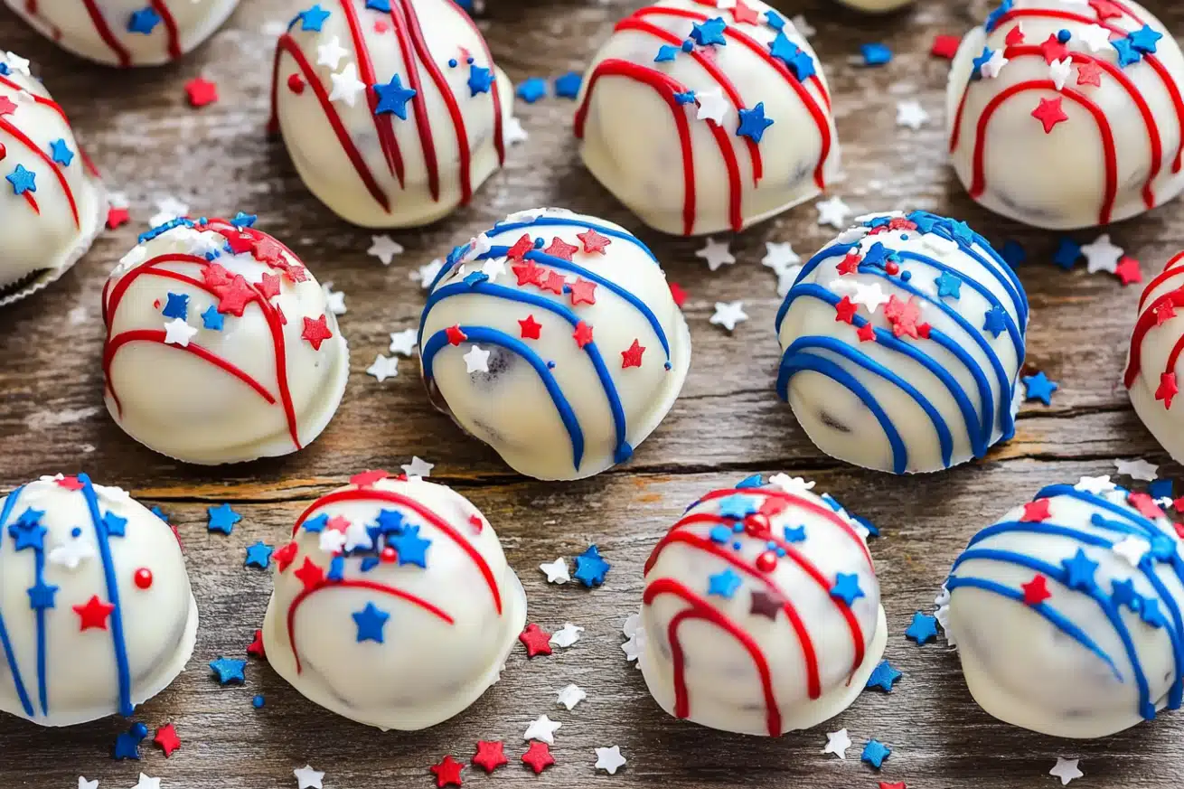 Pinterest-style promotional graphic with 4th of July truffles and text reading 'NO-BAKE PATRIOTIC TRUFFLES' and website URL