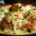 Cast iron skillet filled with golden chicken breasts in garlic-Parmesan cream sauce, topped with cheese and fresh herbs.