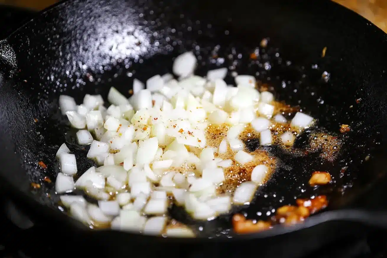 Diced white onions cooking in butter and browned seasoning in a black cast iron skillet during the early stages of the recipe.

