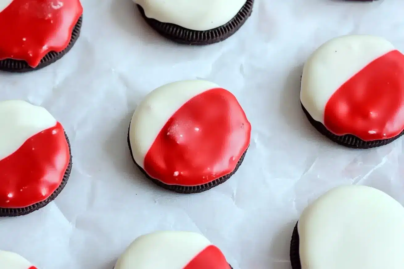 Red and white chocolate dipped Oreos on parchment paper - second step in the dipping process