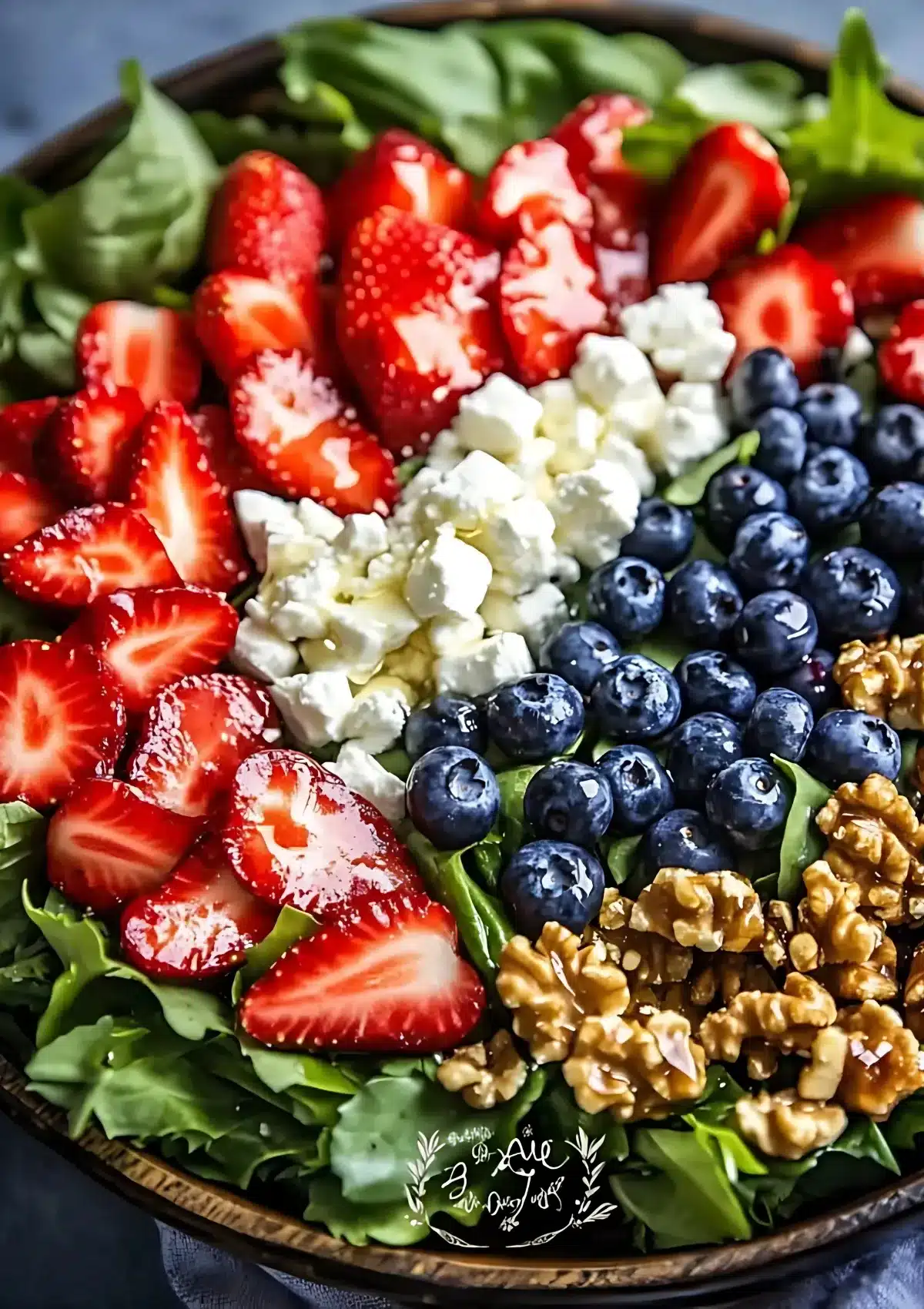 Overhead view of Red White and Blue Salad arranged in stripes with strawberries, feta cheese, blueberries and honey glazed walnuts on spring greens