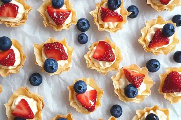 Mini cheesecake phyllo cups with patriotic red, white and blue berry toppings arranged on parchment paper, perfect for Fourth of July and summer entertaining.