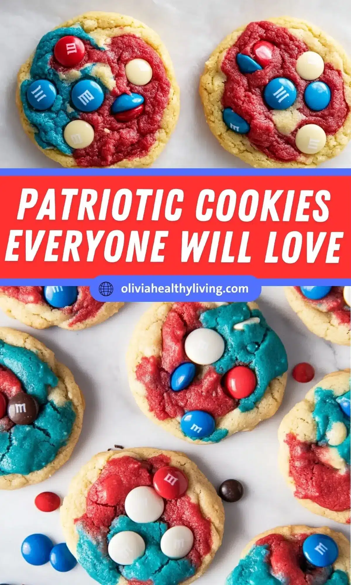 Close-up of patriotic cookies with red, white, and blue sections topped with colorful M&Ms