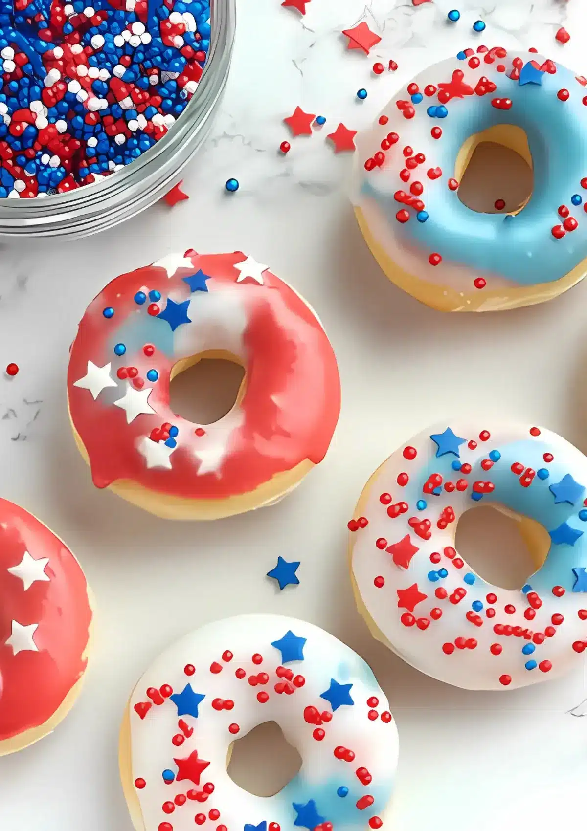 Overhead flat lay of patriotic glazed donuts with red, white, and blue icing and star-shaped sprinkles, glass bowl of colorful nonpareils, scattered decorative elements on white marble surface
