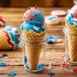 Multiple red, white and blue ice cream cones in waffle cones placed in glass jars, decorated with patriotic star confetti on wooden surface
