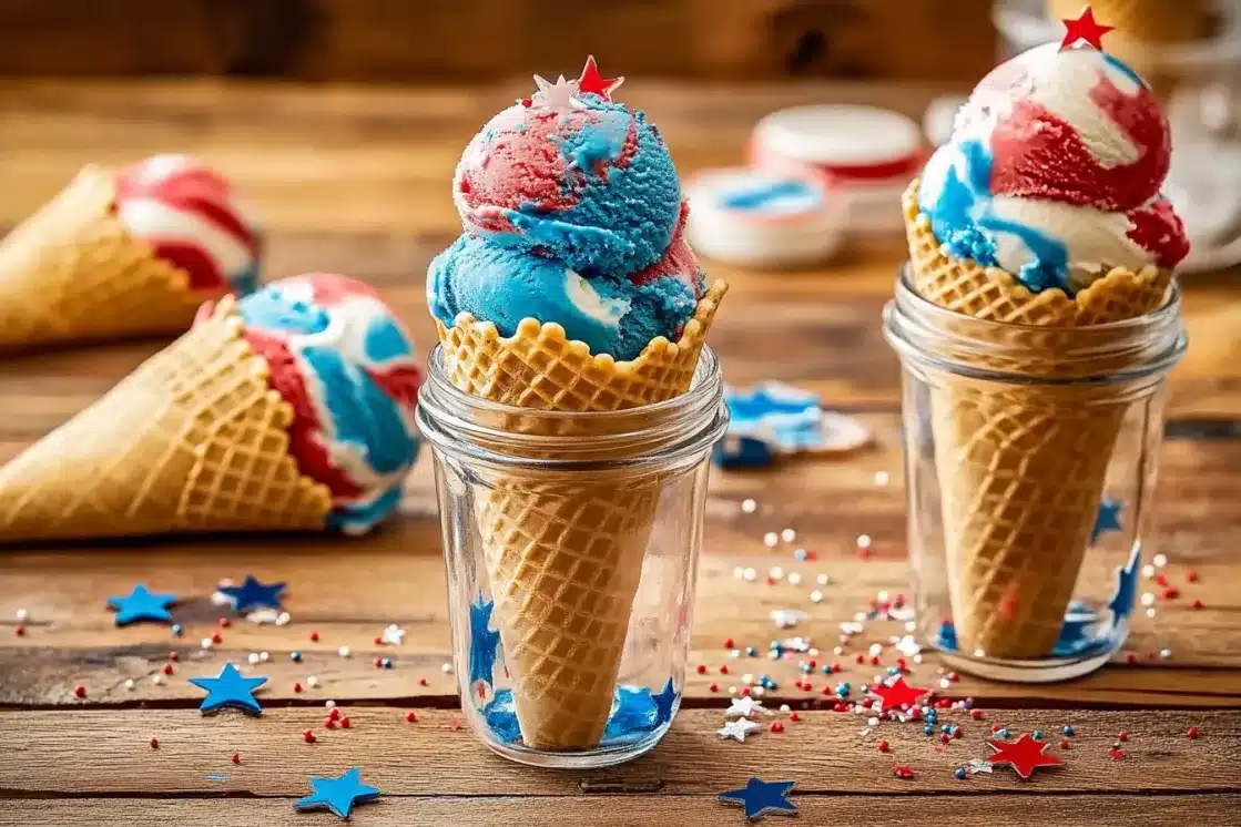 Multiple red, white and blue ice cream cones in waffle cones placed in glass jars, decorated with patriotic star confetti on wooden surface