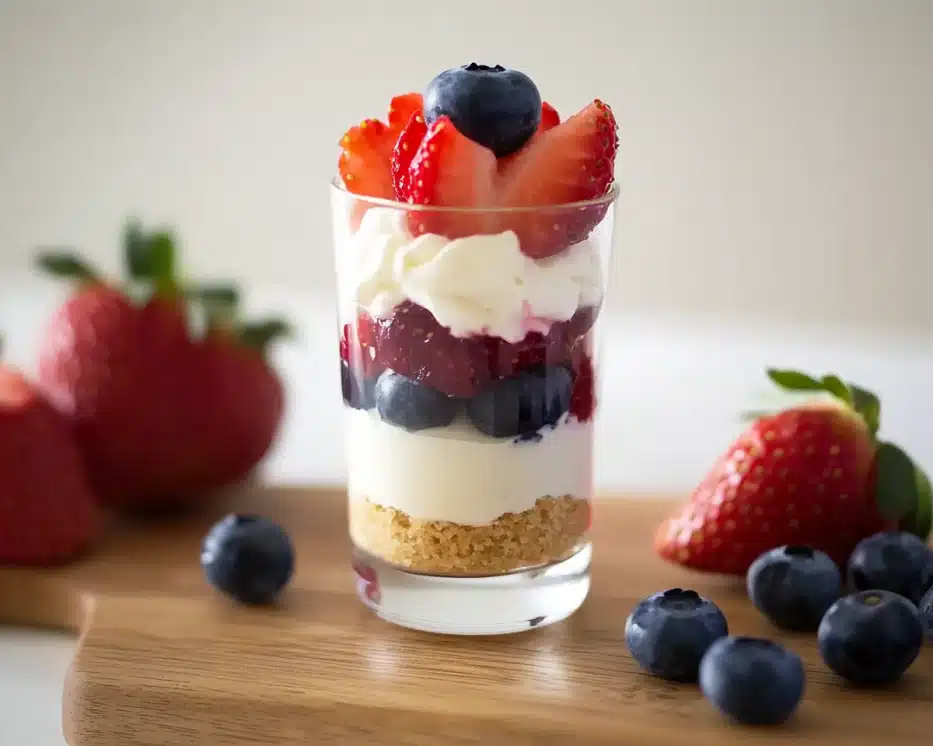 Single no bake mini cheesecake parfait in a clear glass with distinct red, white and blue layers created with strawberries, cream cheese filling and blueberries