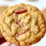Close-up of a perfectly baked brown sugar rhubarb cookie being held between fingers, showing its golden crackly surface and bright red rhubarb pieces