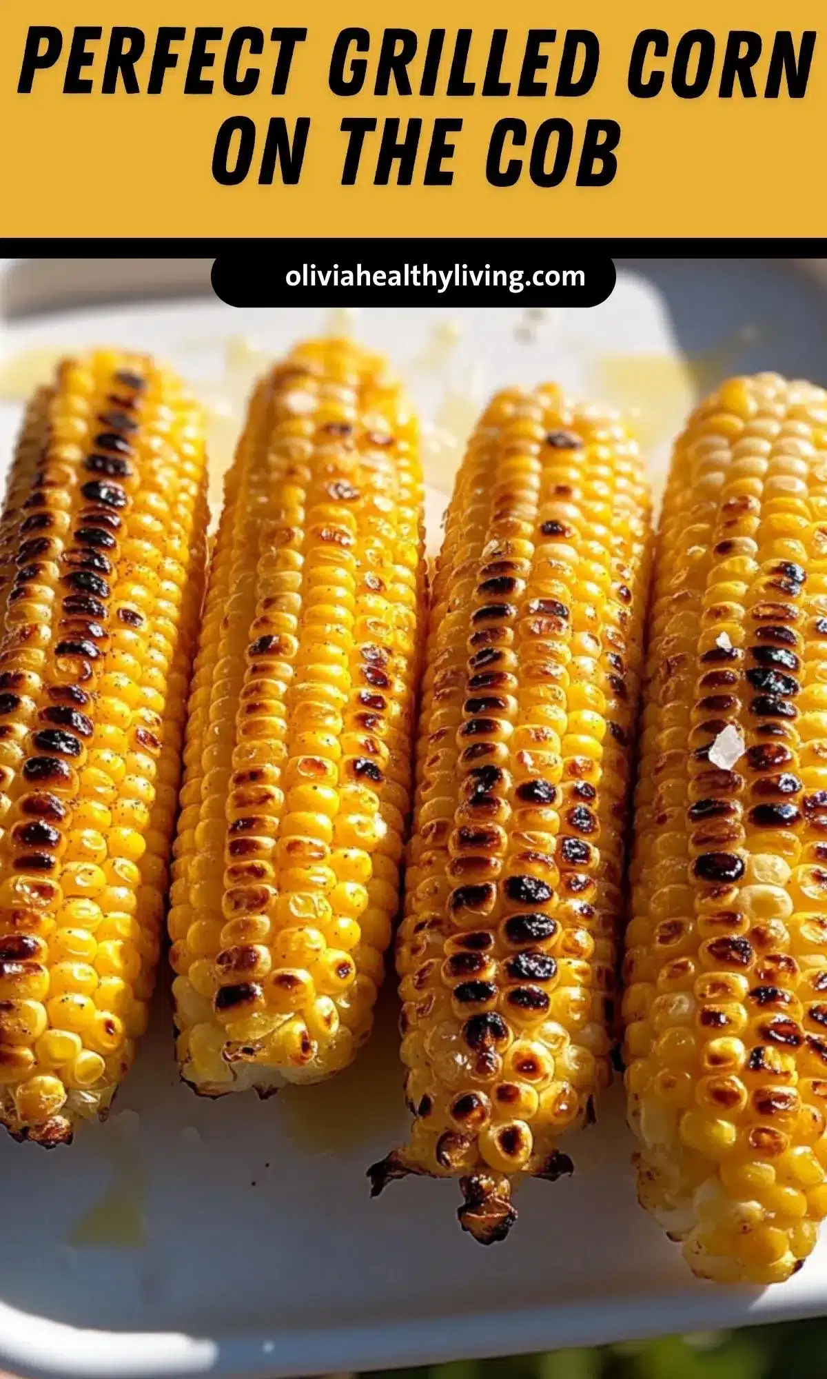 Pinterest-style vertical image of grilled corn on the cob with text overlay