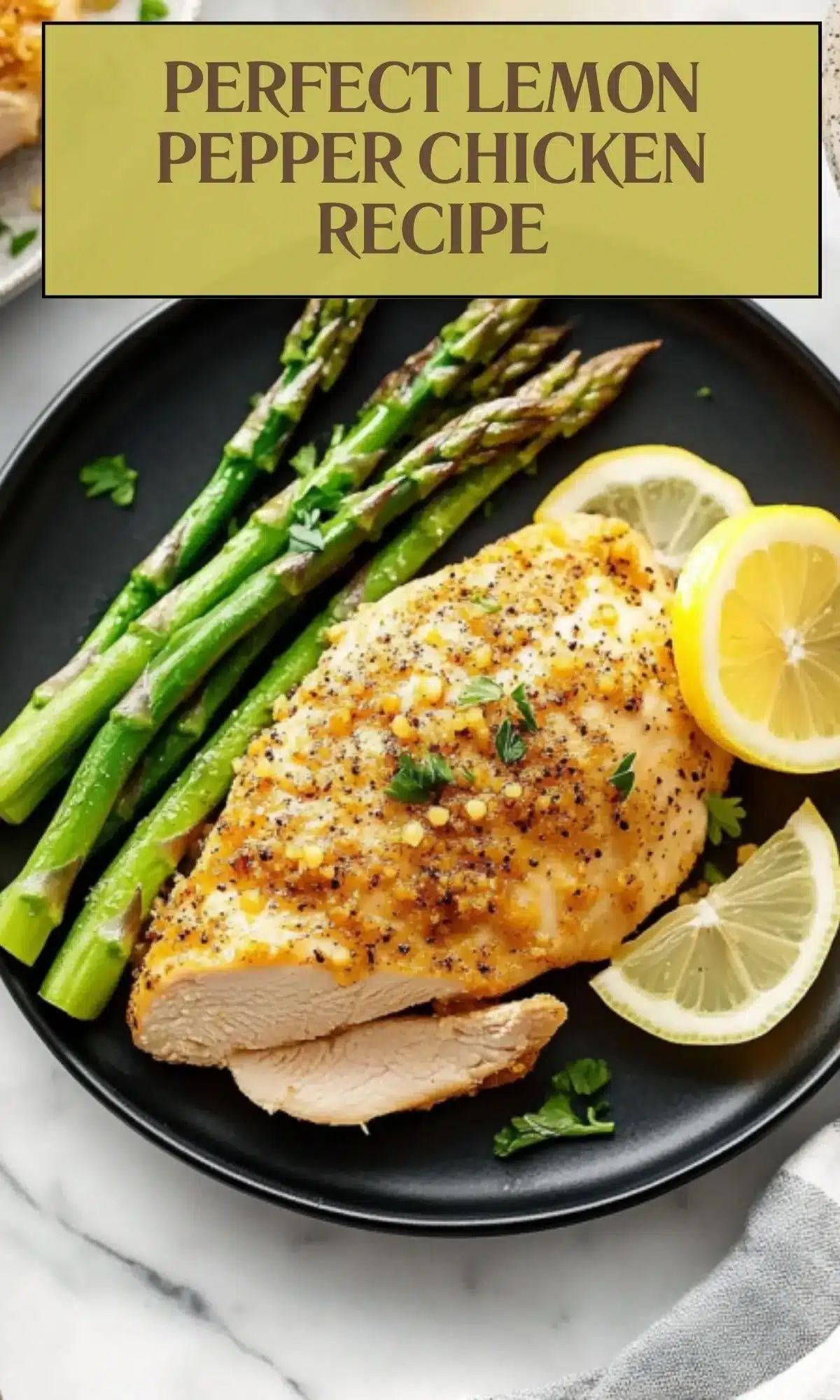 Lemon pepper chicken recipe blog post header with golden text overlay