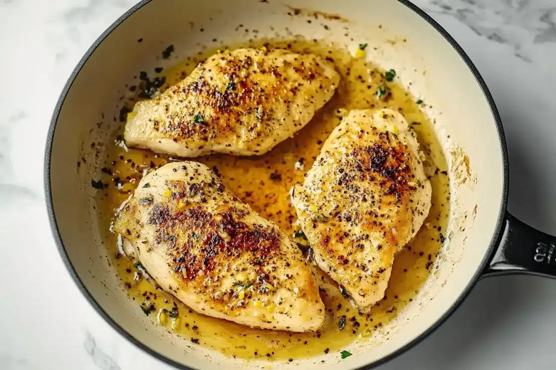 Golden seared lemon pepper chicken breasts in cream enamel skillet with black pepper seasoning and pan sauce