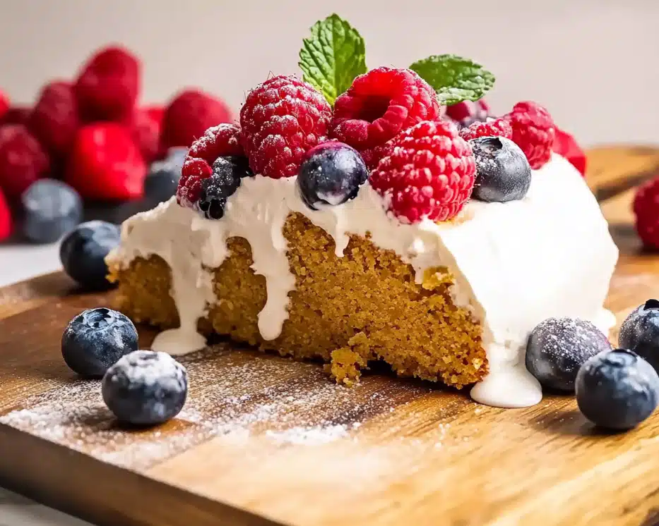 Slice of golden almond flour cake with cream topping and fresh berries on a wooden board with powdered sugar