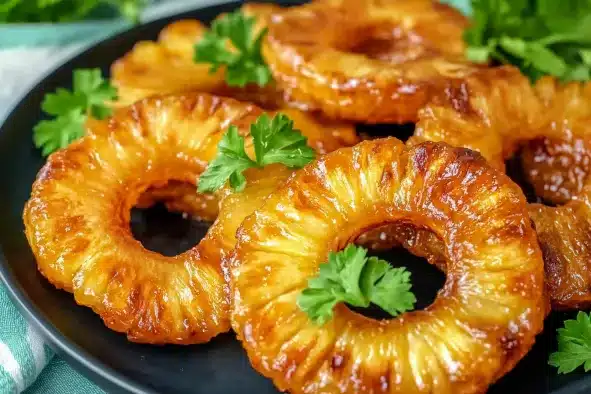 Caramelized air fryer pineapple rings in black skillet with fresh parsley garnish