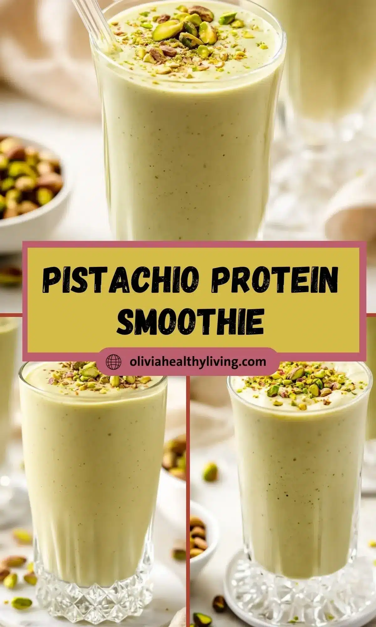Collage image of pistachio smoothie in elegant glasses with bold text “Pistachio Protein Smoothie” and website name.

