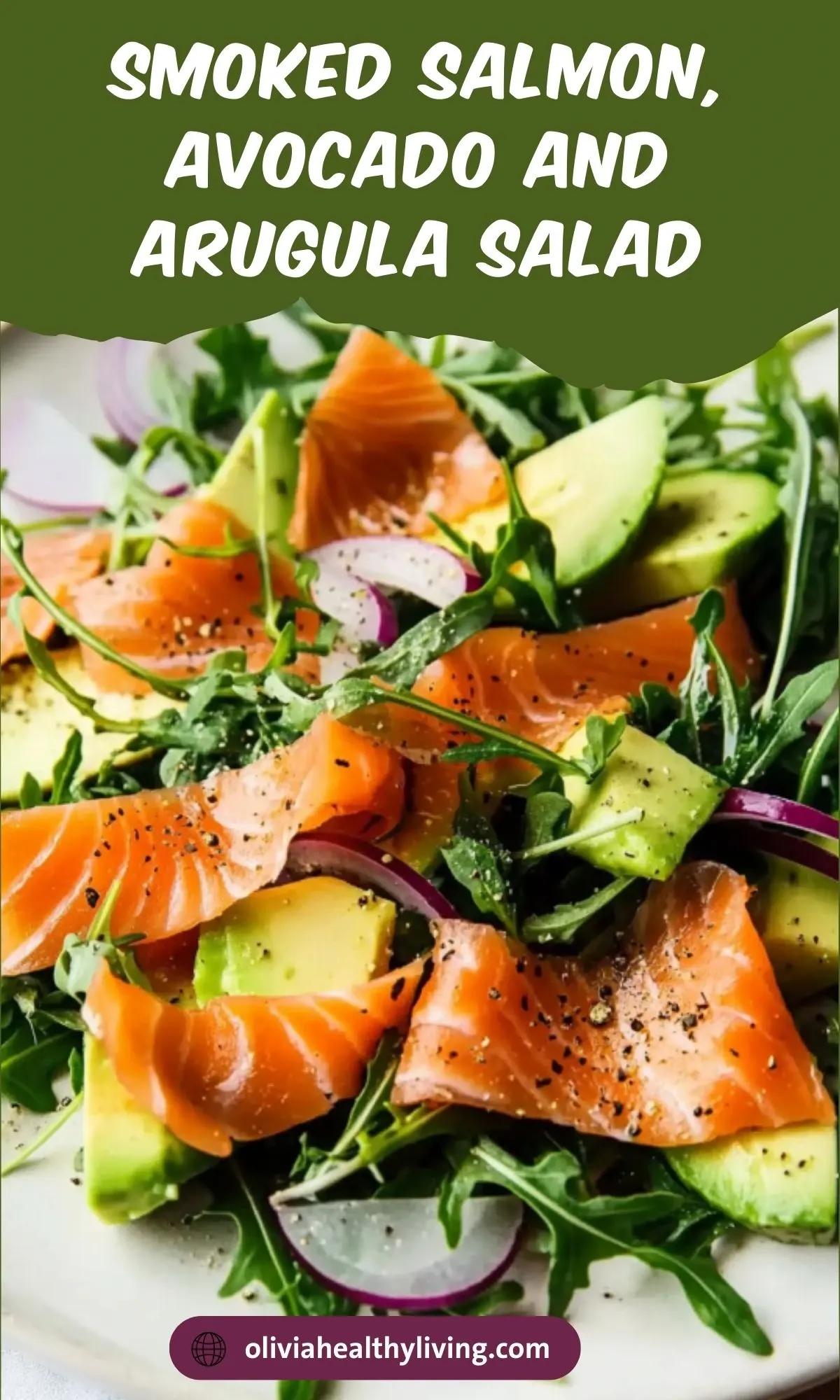 Social media food blog graphic featuring smoked salmon salad with green title overlay and website branding