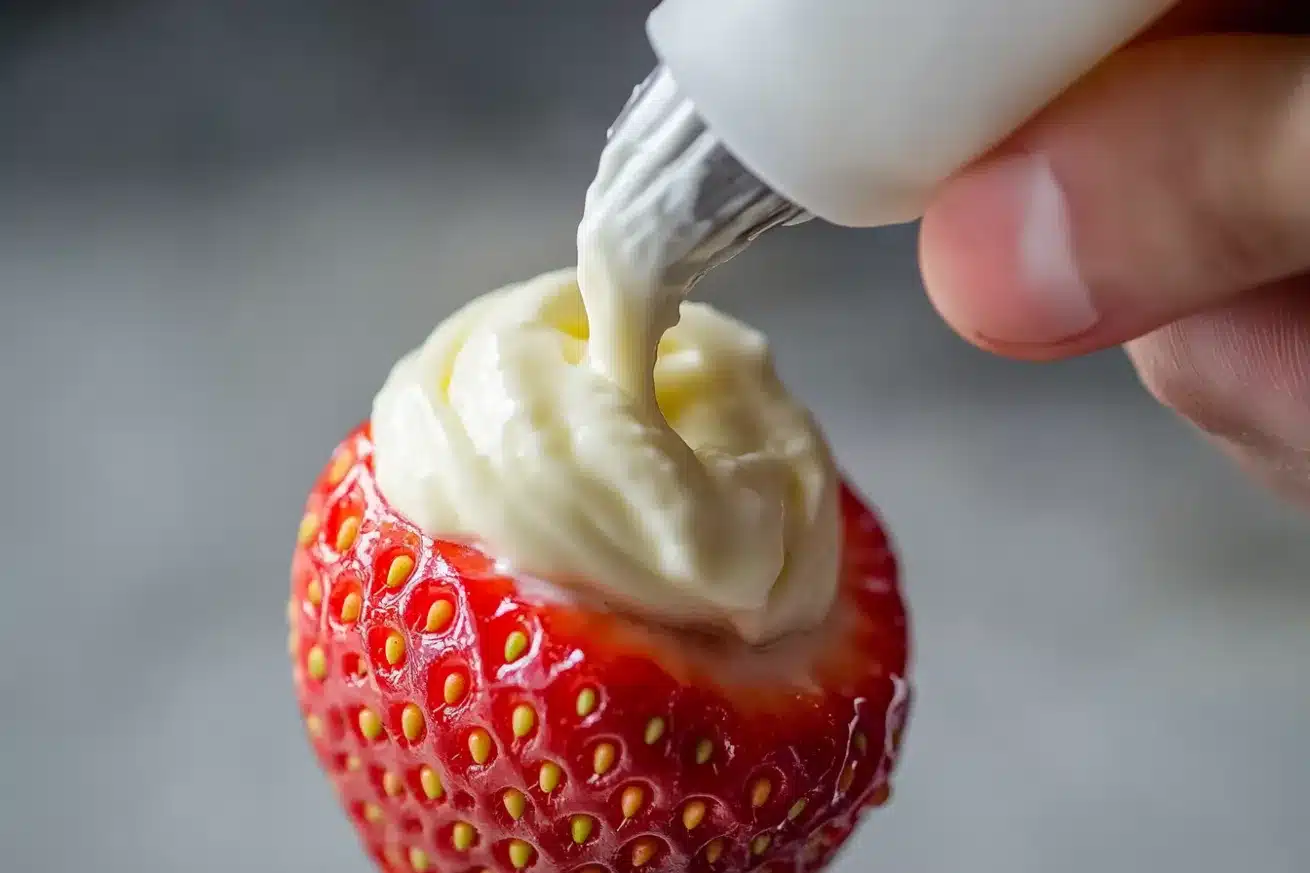 Creamy cheesecake filling being piped into a fresh strawberry using a piping bag