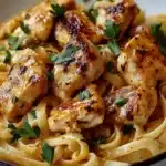 Golden seared chicken pieces over linguine pasta with glossy cowboy butter sauce and fresh parsley garnish in white bowl