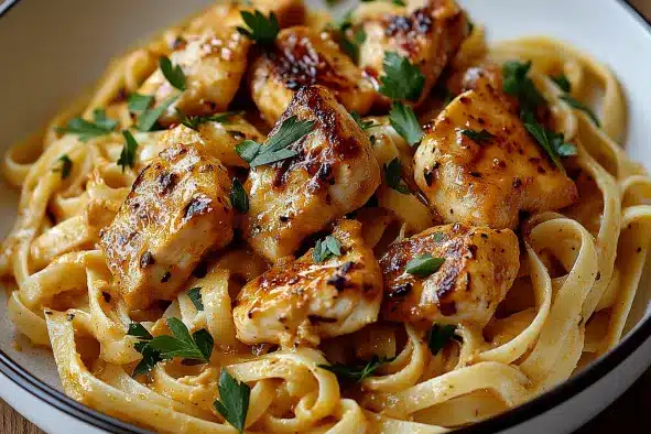Golden seared chicken pieces over linguine pasta with glossy cowboy butter sauce and fresh parsley garnish in white bowl