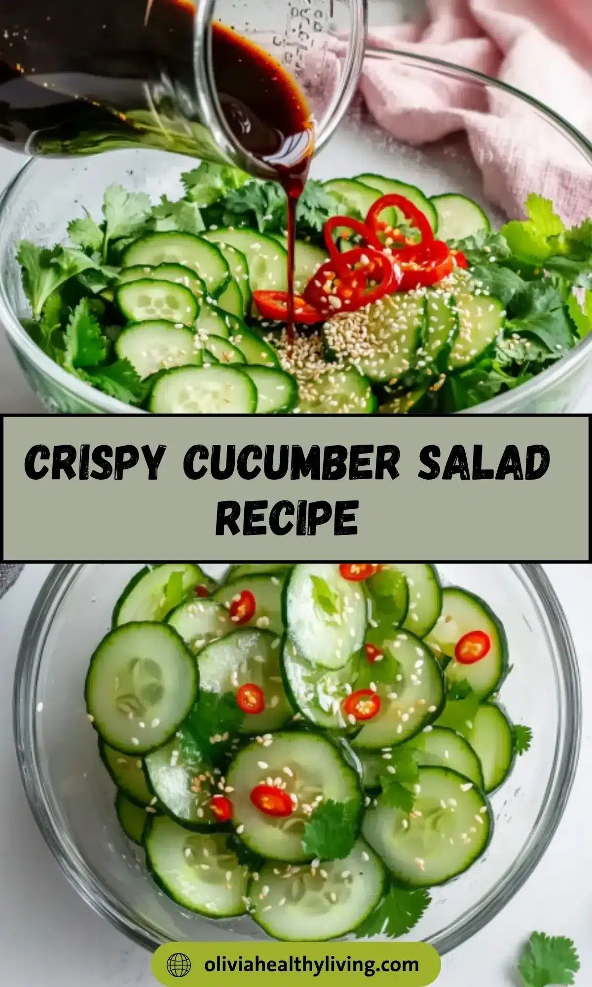 Hand pouring dark Asian dressing from measuring cup into glass bowl of cucumber salad ingredients