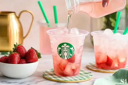 Pouring strawberry juice into a Starbucks-style plastic cup filled with ice and fresh strawberries, with more pink drinks and green straws in the background