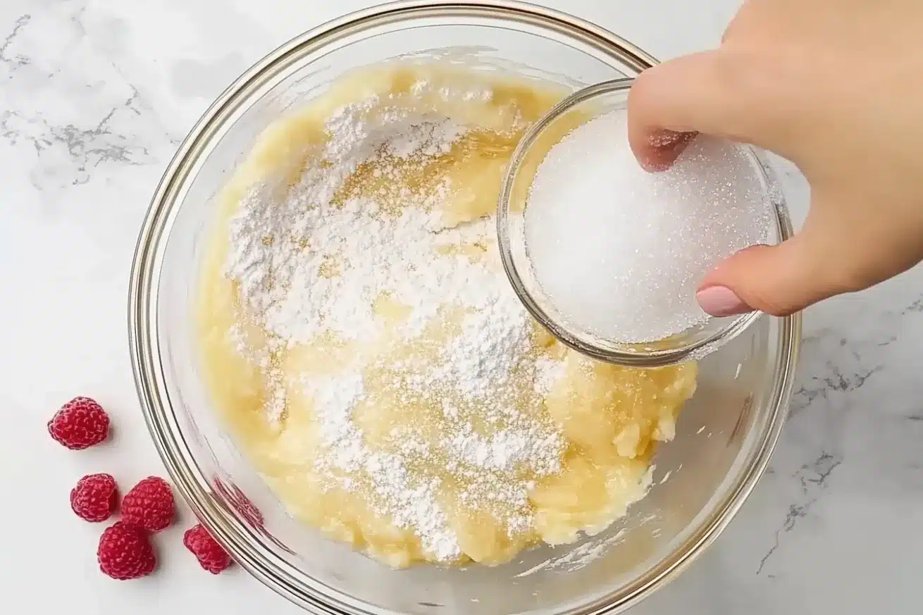 Overhead shot of a hand pouring sugar into a bowl of mashed banana mixture, surrounded by fresh raspberries on a white marble countertop.
