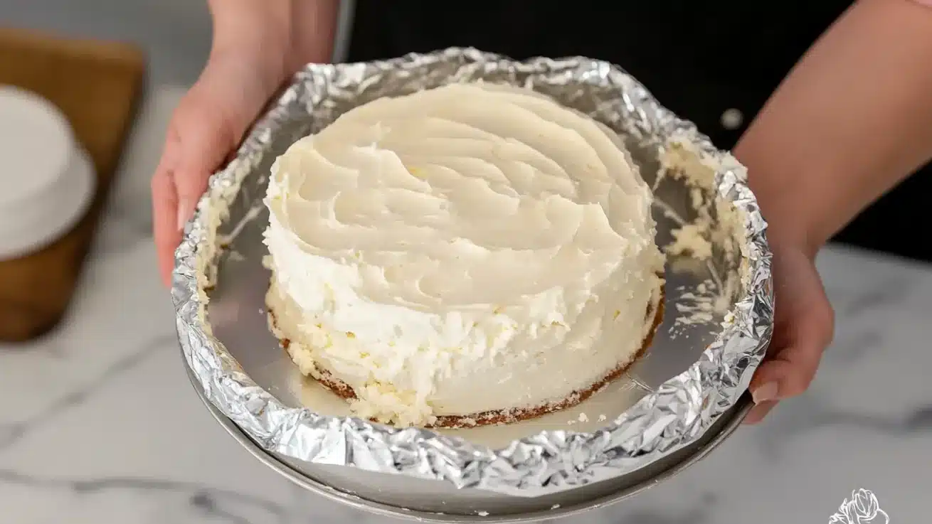 Hands holding a round pan lined with aluminum foil containing a smooth white ice cream layer