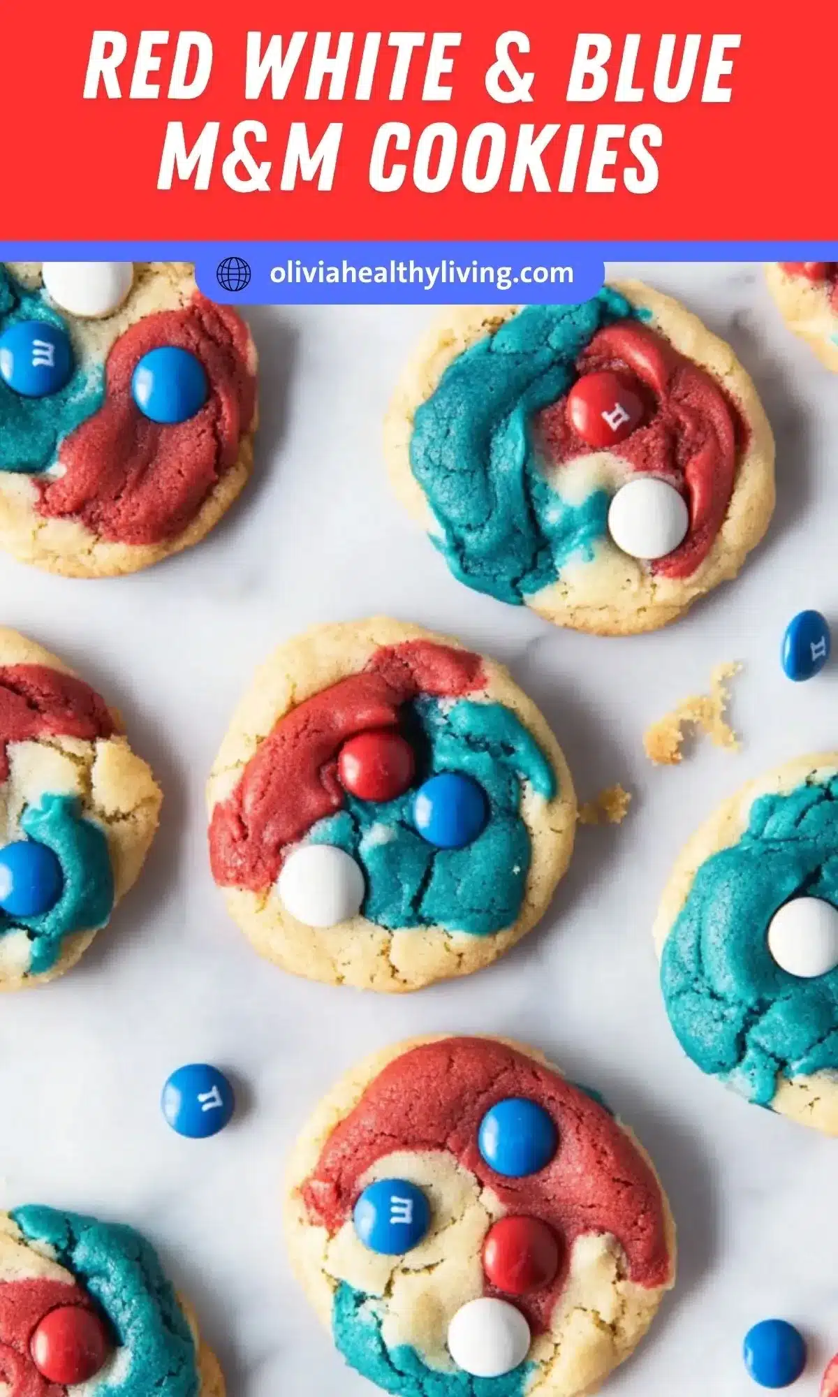 Red white and blue cookies arranged on a white surface with colorful M&Ms and a bright red header