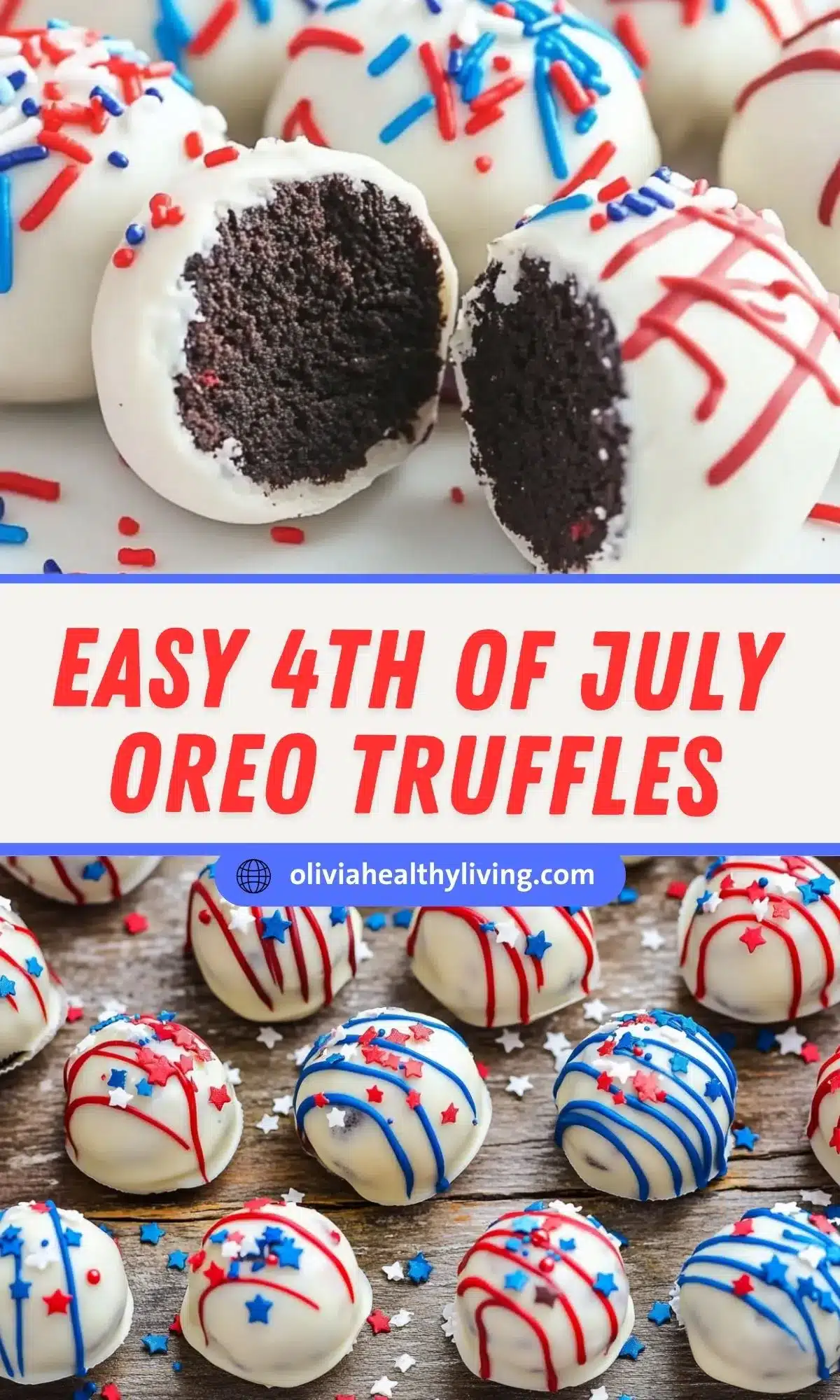 White chocolate Oreo truffles decorated with red and blue drizzle and patriotic sprinkles for 4th of July