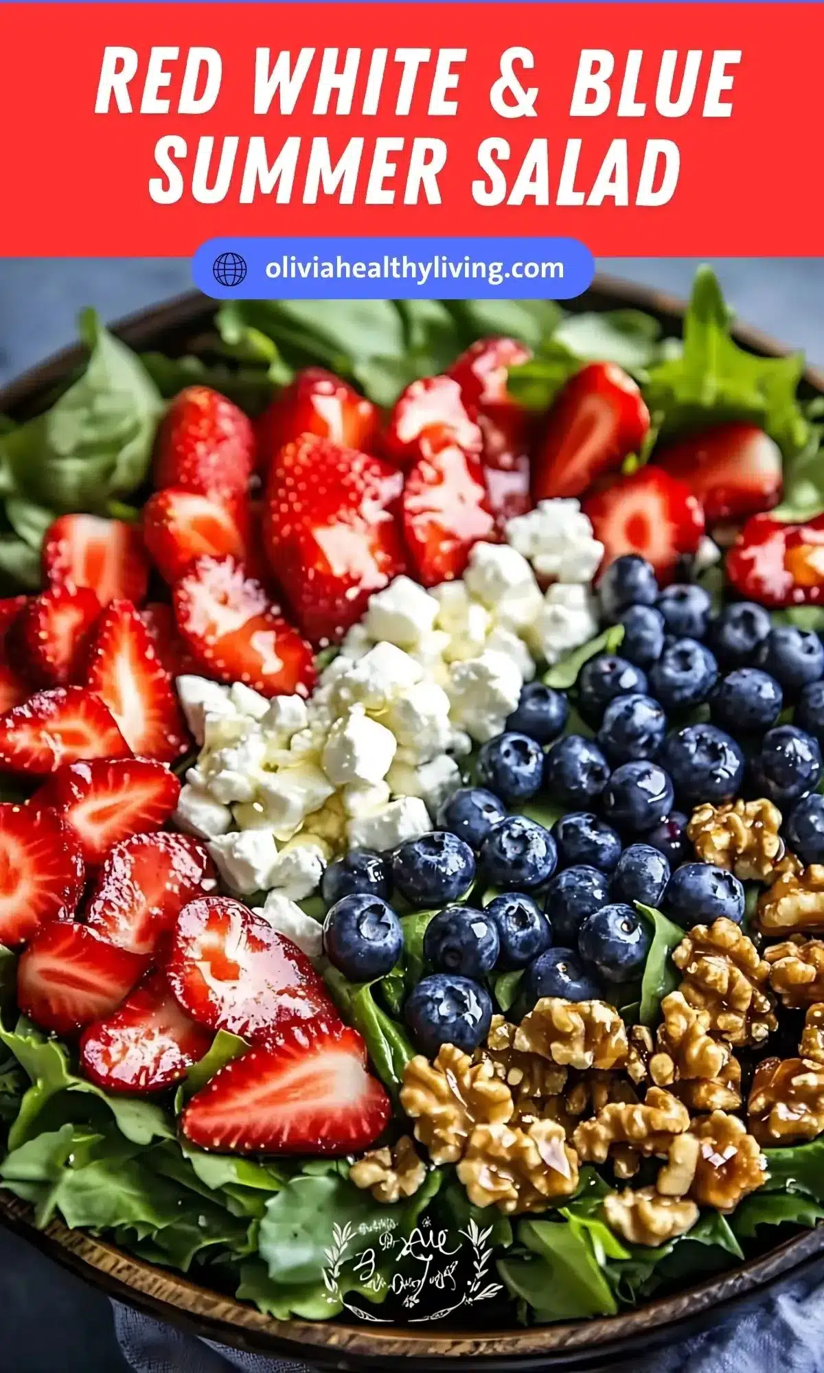 Red White and Blue Summer Salad with fresh strawberries, feta cheese, blueberries and honey glazed walnuts arranged on a bed of spring greens in a wooden bowl