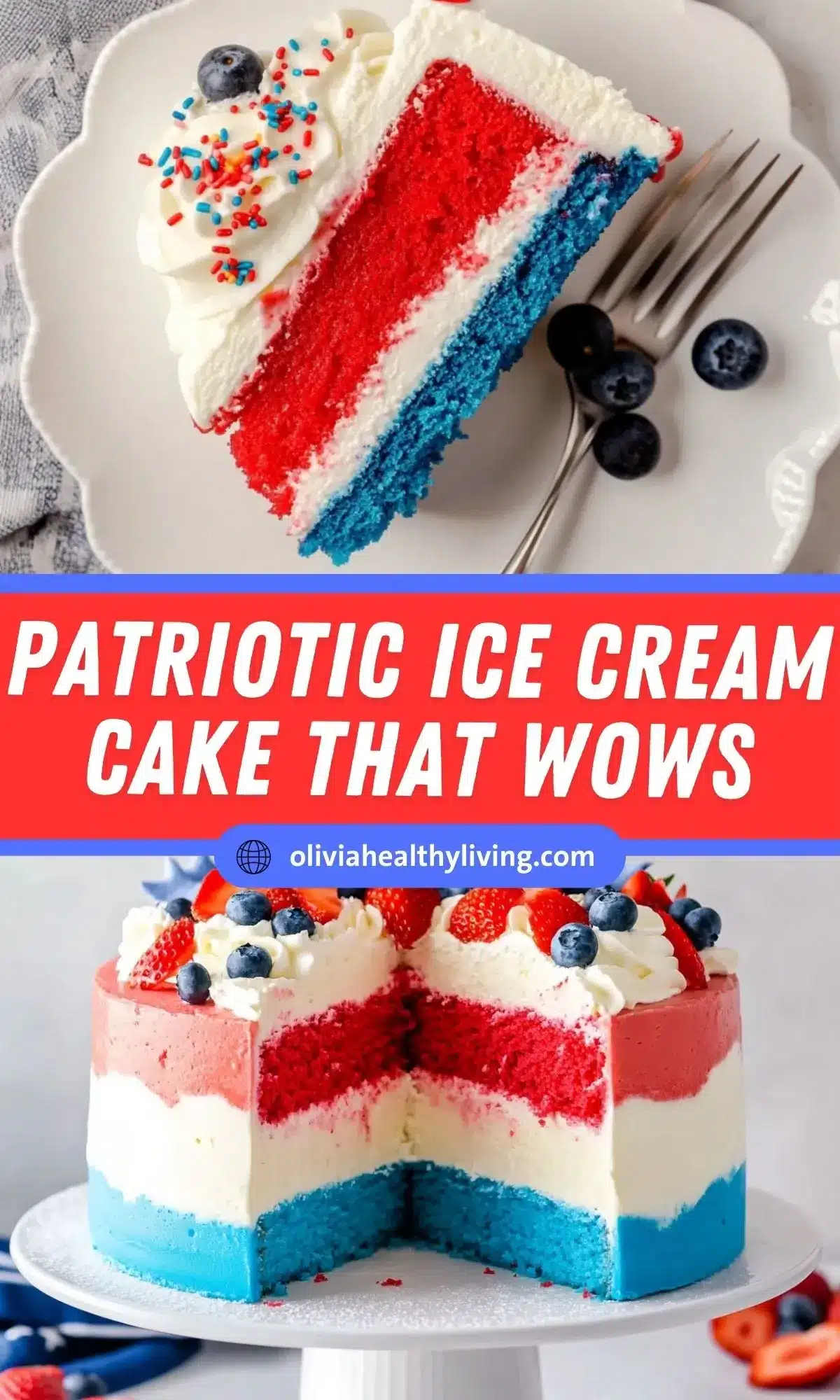 Close-up of a slice of patriotic ice cream cake showing distinct red, white and blue layers with whipped cream and sprinkles