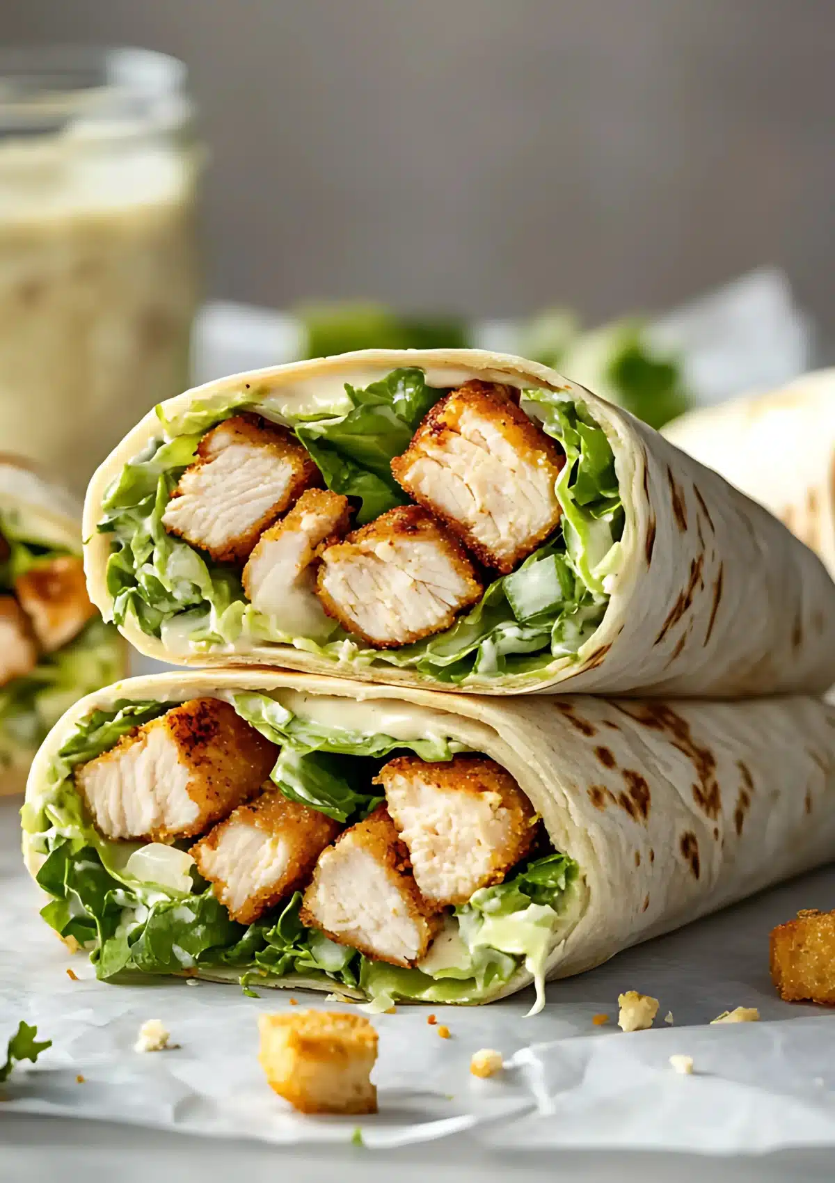 Close-up view of two chicken Caesar wrap halves stacked, highlighting the crispy golden-brown chicken pieces, fresh romaine lettuce, and Caesar dressing inside a warm flour tortilla