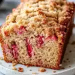 Rhubarb bread slice on white plate with crunchy cinnamon-sugar topping and pink rhubarb chunks