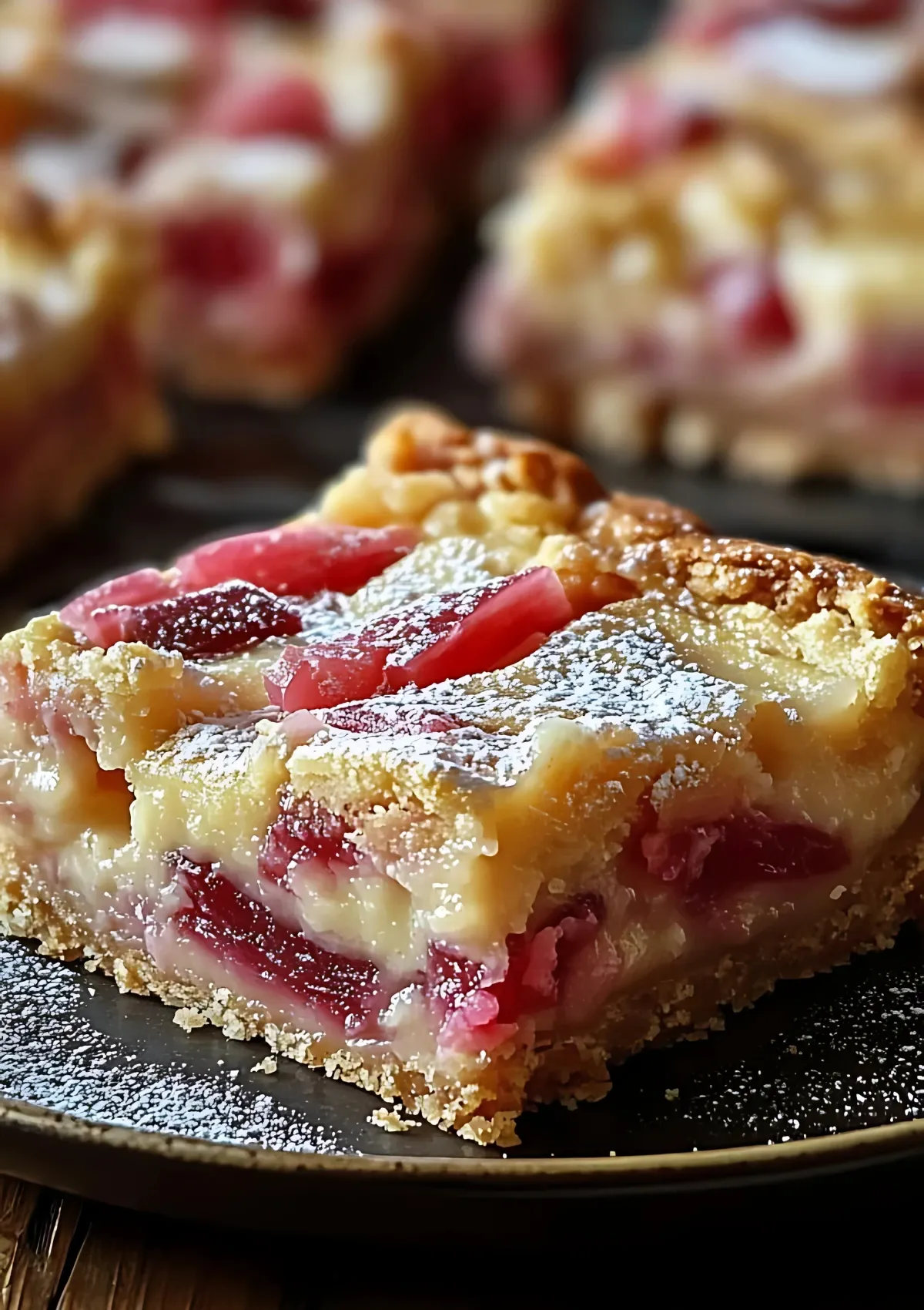 Close-up of a rhubarb custard bar showing golden crust and creamy custard with vibrant red rhubarb pieces, dusted with powdered sugar on a dark plate.