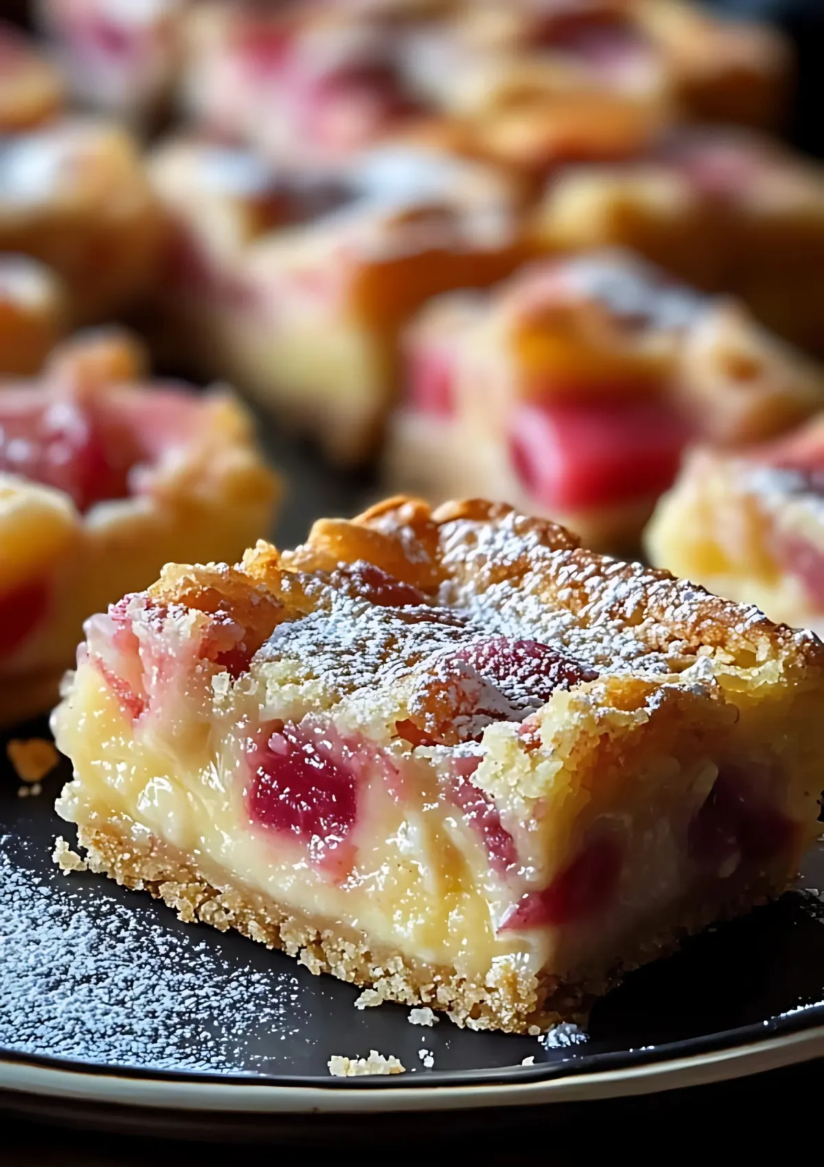 Several rhubarb custard bars on a black plate showing the layers of buttery crust, creamy custard filling, and ruby-red rhubarb pieces dusted with powdered sugar