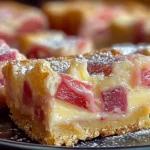 Extreme close-up of rhubarb custard bars showing the golden crust, creamy custard layer, and bright red rhubarb pieces with a light dusting of powdered sugar