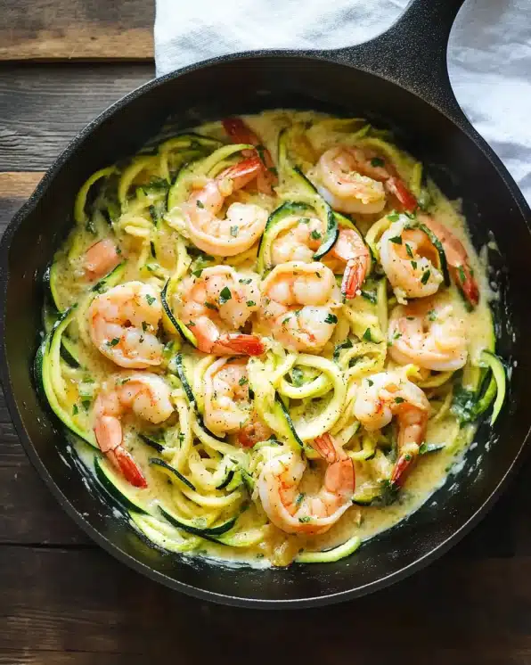 Zucchini shrimp scampi in cast iron skillet on rustic wooden background, featuring spiralized zucchini noodles with cooked shrimp in light sauce