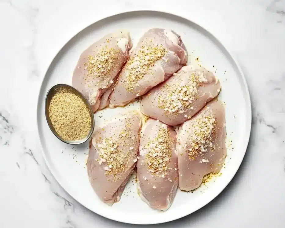 Raw chicken breasts being seasoned with lemon pepper spice blend on white plate