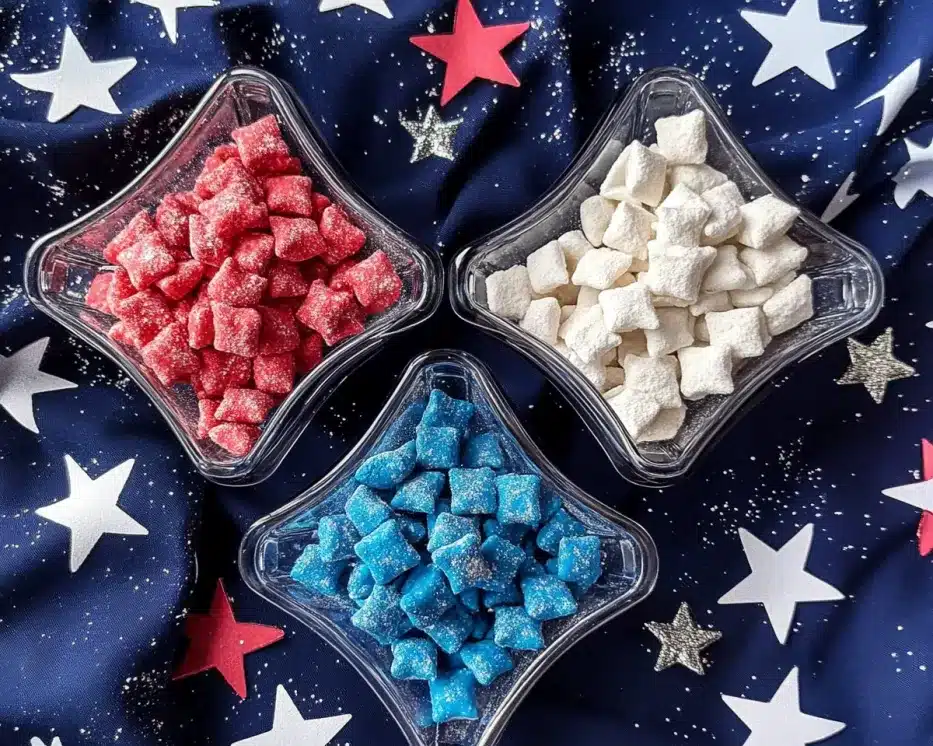 Three clear glass diamond-shaped bowls arranged in triangle formation containing separated red, white, and blue puppy chow with decorative paper stars scattered on navy blue star-patterned fabric background