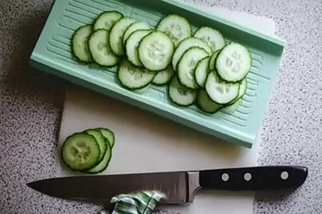 Green mandoline slicer with uniformly cut cucumber rounds and sharp knife on cutting board
